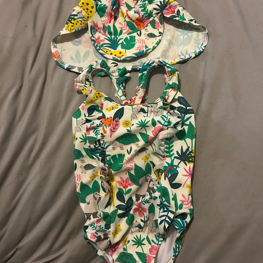 Mini Boden Jungle One Piece Swimsuit and Hat with Ruffle Detail